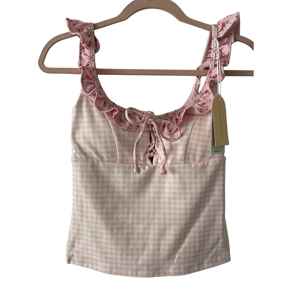 Blogilates Pink Gingham Ruffle Lace Up Tank XS NWT